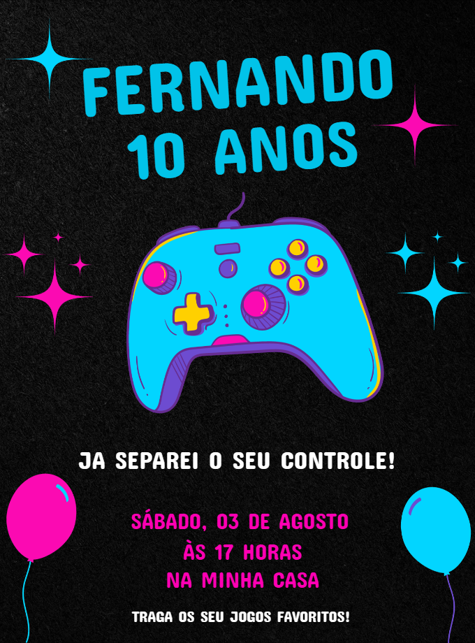 Convite de Aniversário Vídeo Game para Editar Online Convite de Aniversário Vídeo Game para Editar Online