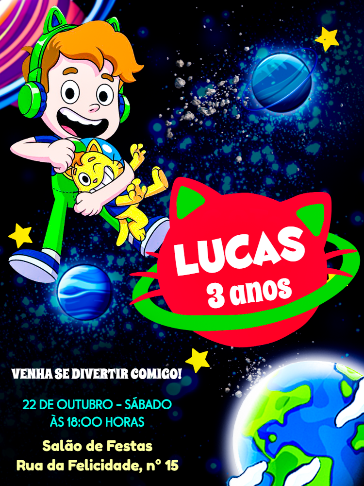 Convite Aniversário Gato Galáctico para Editar Online Convite Aniversário Gato Galáctico para Editar Online