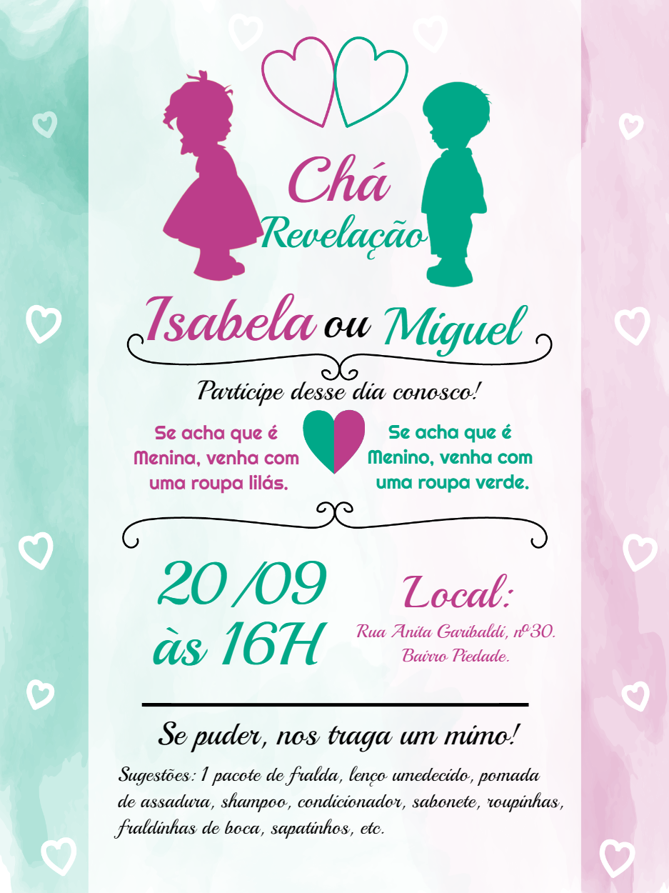 Convite Chá Revelação Lilás e Verde com Silhuetas para Editar Convite Chá Revelação Lilás e Verde com Silhuetas para Editar