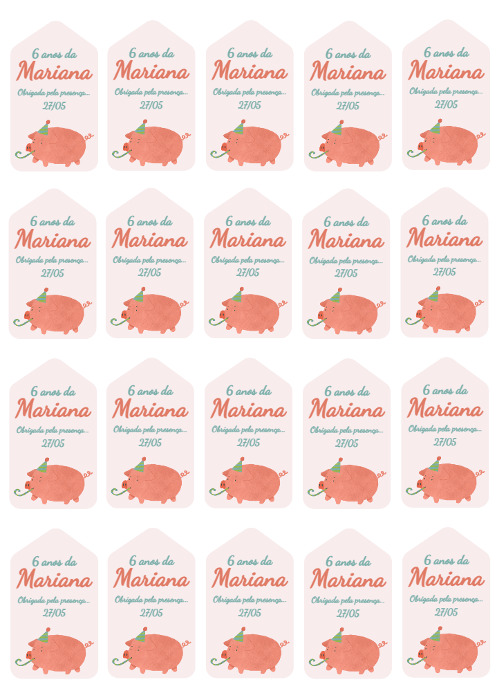 Tag de Aniversário Porquinho para Editar e Imprimir Online Tag de Aniversário Porquinho para Editar e Imprimir Online