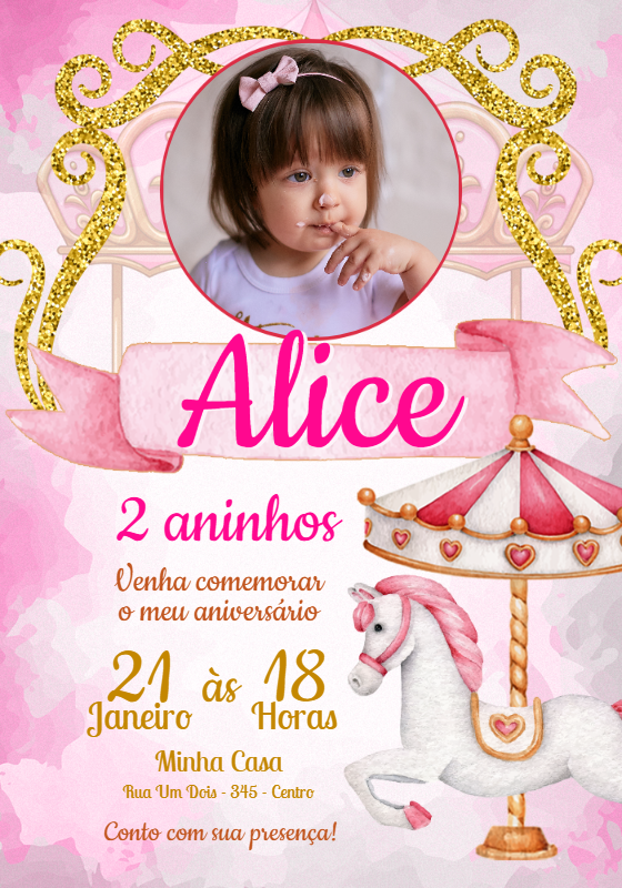 Convite Aniversário Carrossel Encantado com Foto para Editar Convite Aniversário Carrossel Encantado com Foto para Editar