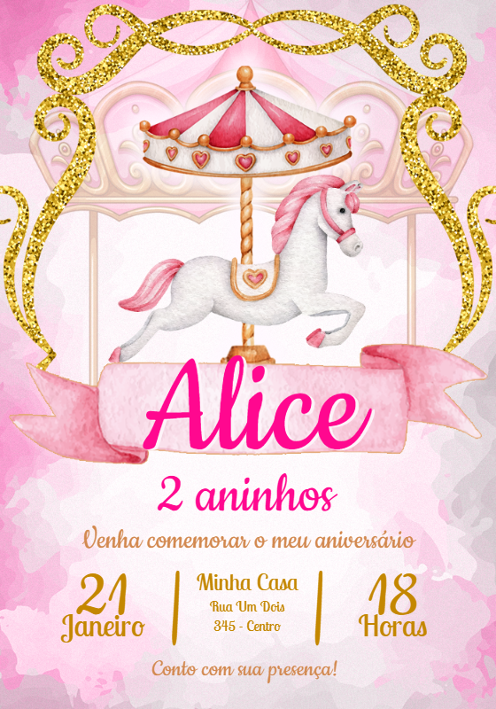 Convite Aniversário Carrossel Encantado Rosa para Editar Online