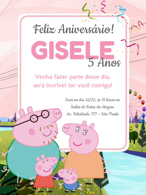 Convite de Aniversário Peppa Pig com a Família para Editar