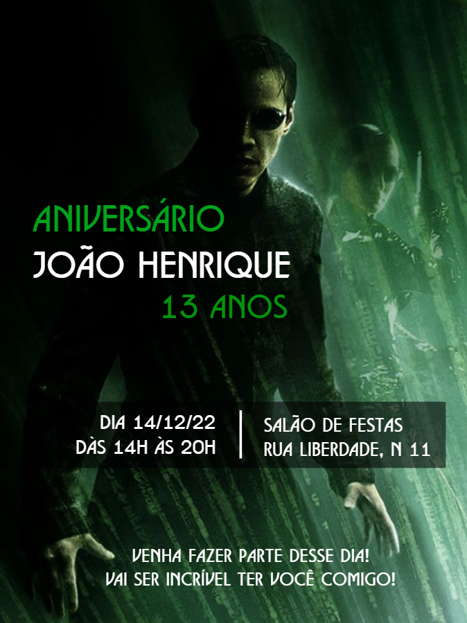 Convite de Aniversário Matrix com Neo para Editar Online Convite de Aniversário Matrix com Neo para Editar Online