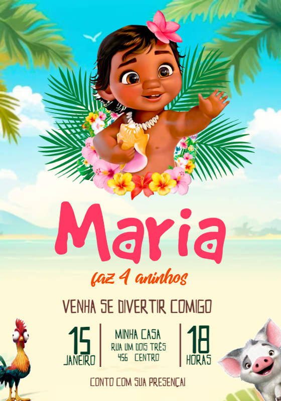 Convite de Aniversário Moana Baby para Editar e Imprimir Convite de Aniversário Moana Baby para Editar e Imprimir