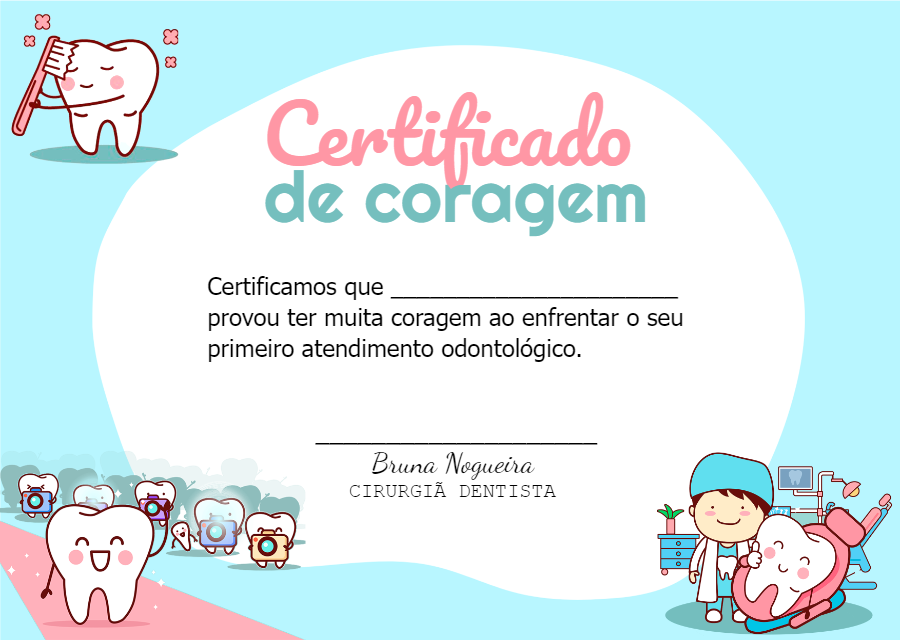 Certificado de Coragem Infantil para Dentista Editável Online Certificado de Coragem Infantil para Dentista Editável Online