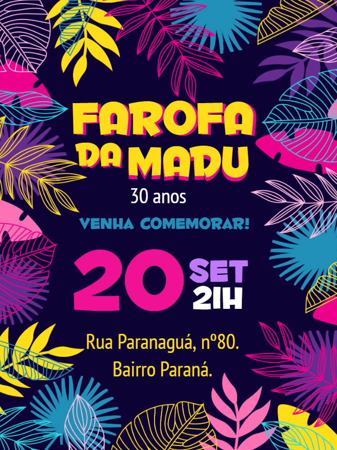 Convite de Aniversário Tropical com Folhas Coloridas para Editar Convite de Aniversário Tropical com Folhas Coloridas para Editar