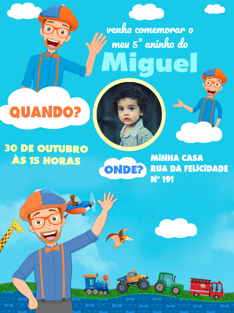 Convite de Aniversário Blippi com Foto para Editar Online Convite de Aniversário Blippi com Foto para Editar Online