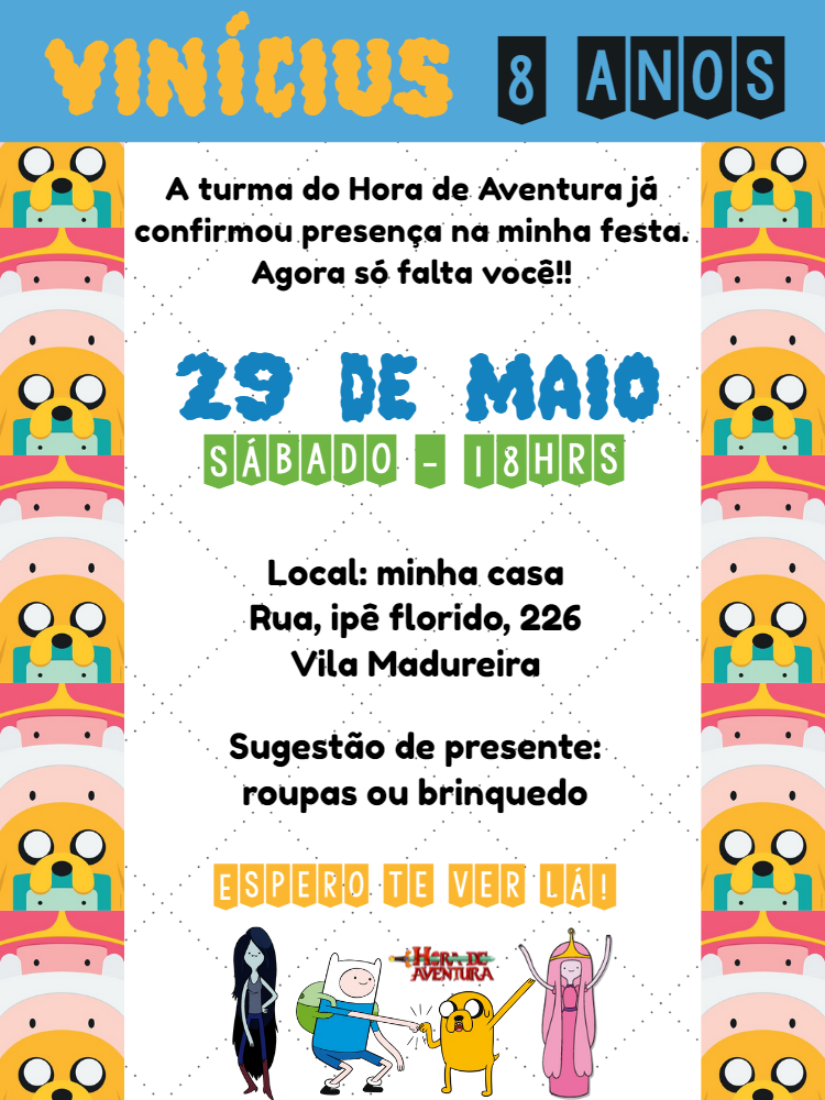 Convite Hora de Aventura para Aniversário Editável Online Convite Hora de Aventura para Aniversário Editável Online