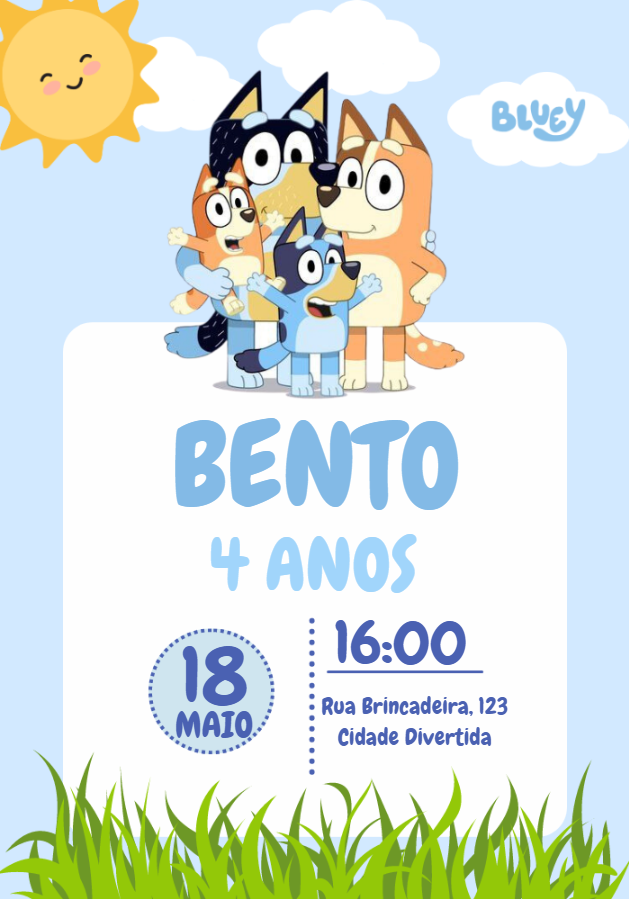 Convite de Aniversário Bluey e Família para Editar Online Convite de Aniversário Bluey e Família para Editar Online