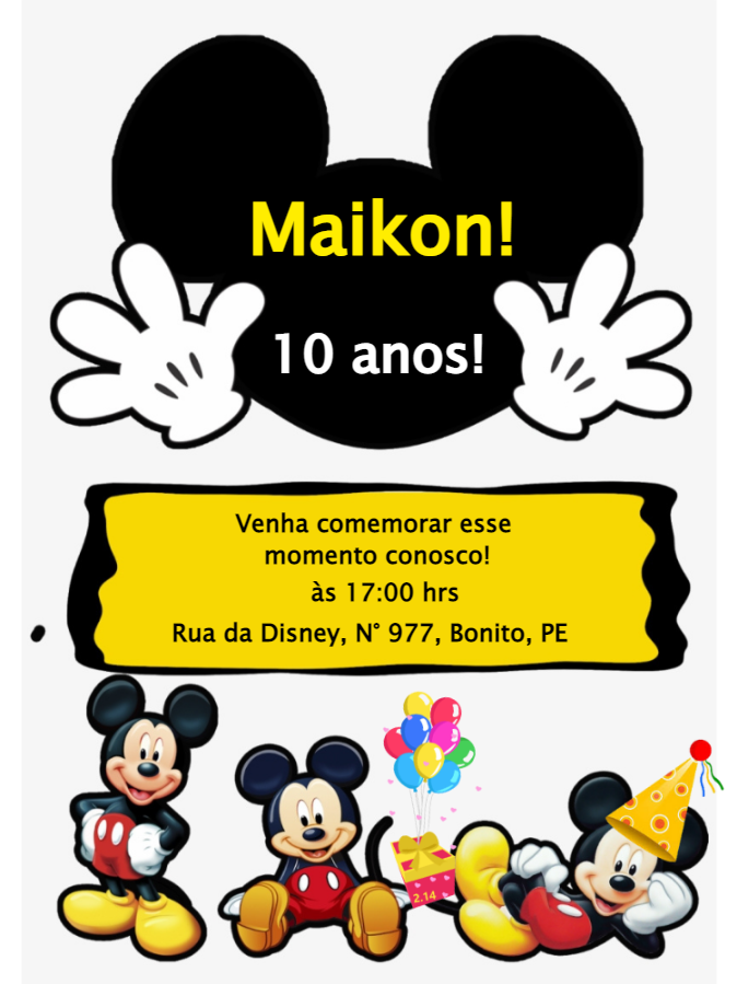 Convite de Aniversário Mickey Mouse Clássico para Editar Online Convite de Aniversário Mickey Mouse Clássico para Editar Online