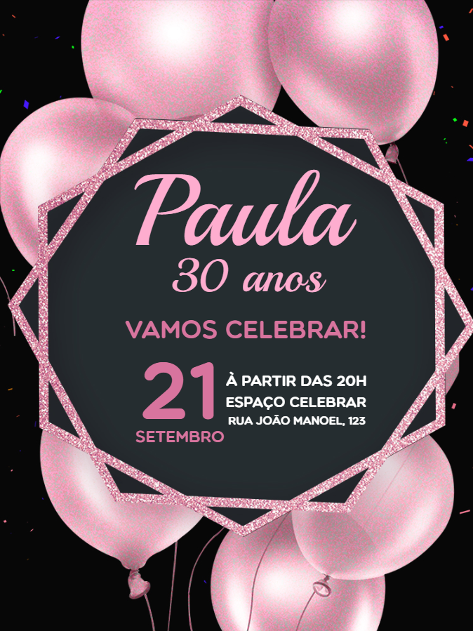 Convite de Aniversário Feminino Preto e Rosa com Balões para Editar Convite de Aniversário Feminino Preto e Rosa com Balões para Editar