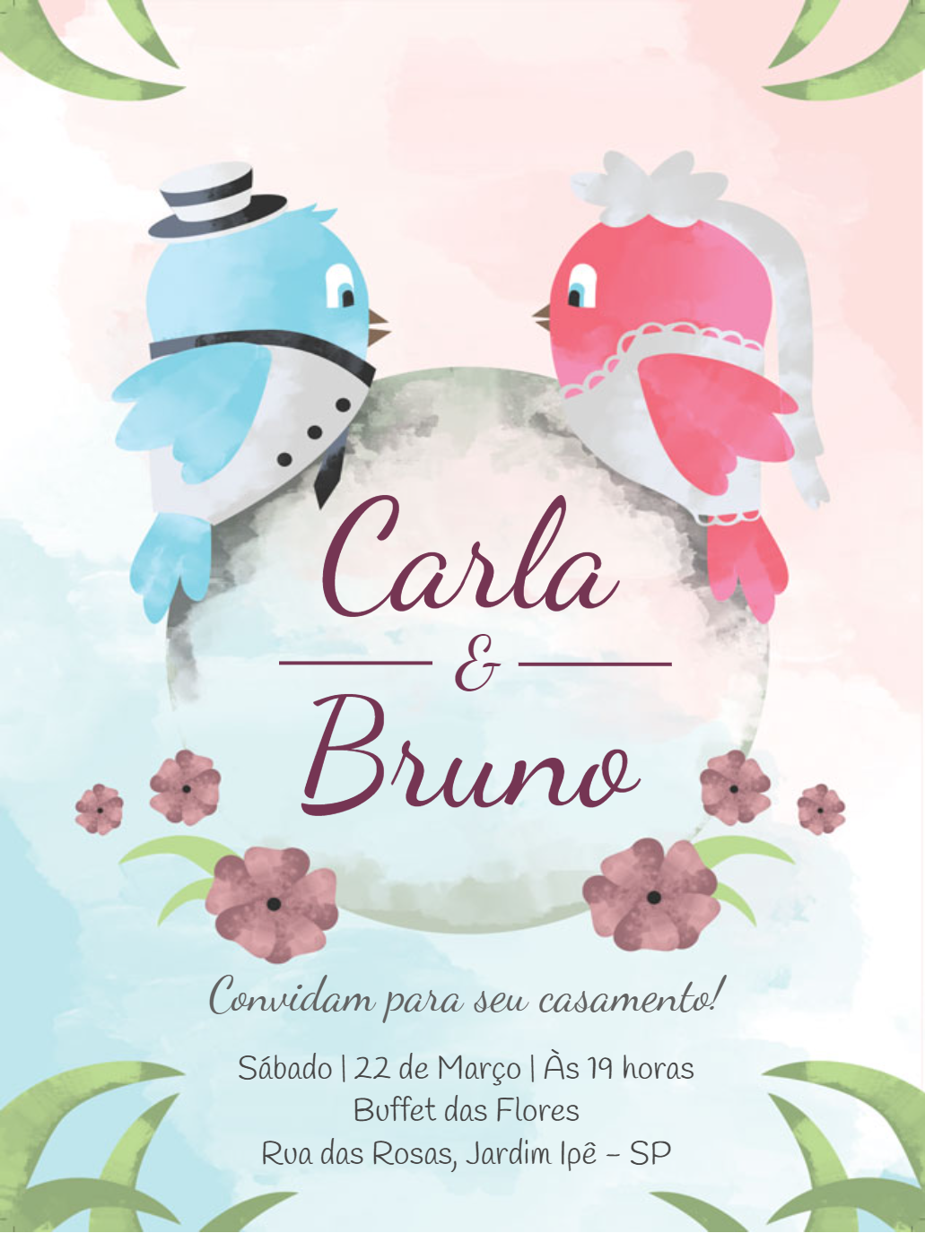 Convite de Casamento Pássaros Romântico para Editar Online