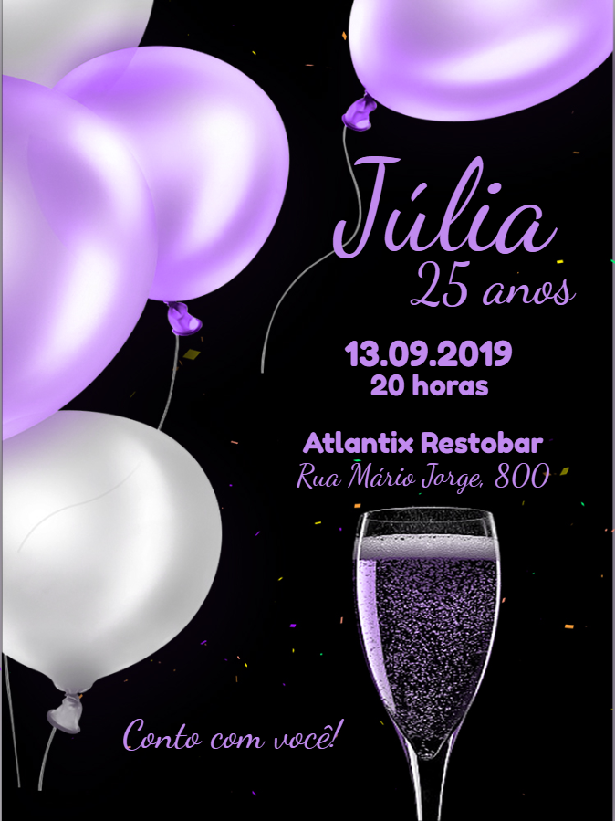 Convite de Aniversário Roxo e Preto com Balões para Editar