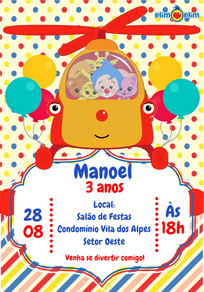 Convite de Aniversário Plim Plim Helicóptero para Editar Convite de Aniversário Plim Plim Helicóptero para Editar