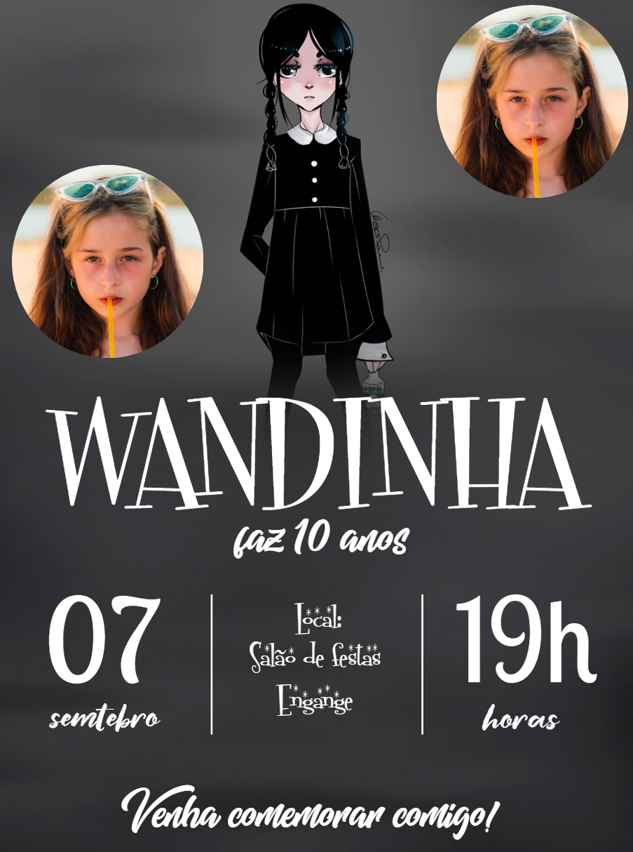 Convite Aniversário Wandinha Addams com Foto para Editar Convite Aniversário Wandinha Addams com Foto para Editar