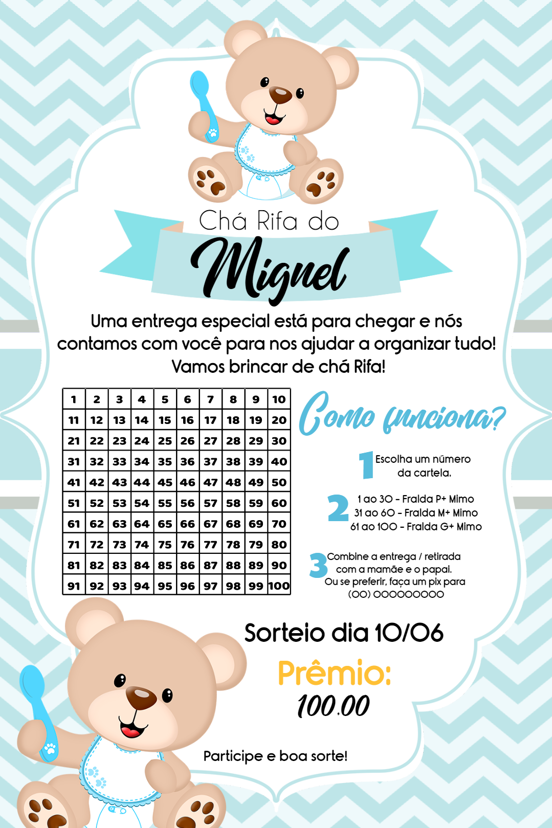 Chá Rifa Ursinho Príncipe para Editar Online e Imprimir Chá Rifa Ursinho Príncipe para Editar Online e Imprimir