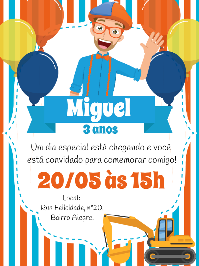Convite de Aniversário Blippi para Editar e Imprimir Online Convite de Aniversário Blippi para Editar e Imprimir Online