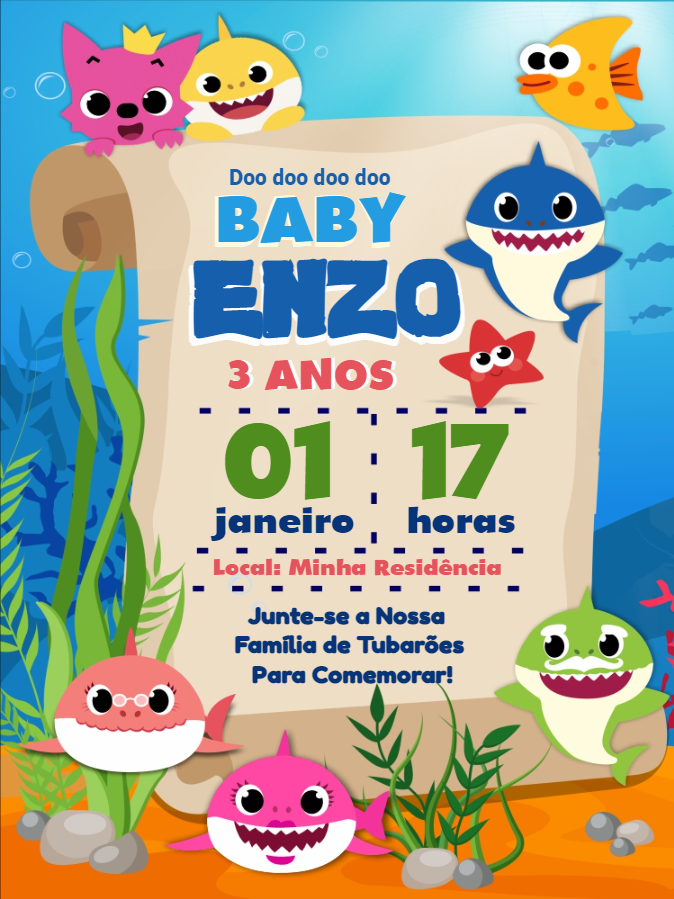 Convite de Aniversário Baby Shark para Editar Online Convite de Aniversário Baby Shark para Editar Online