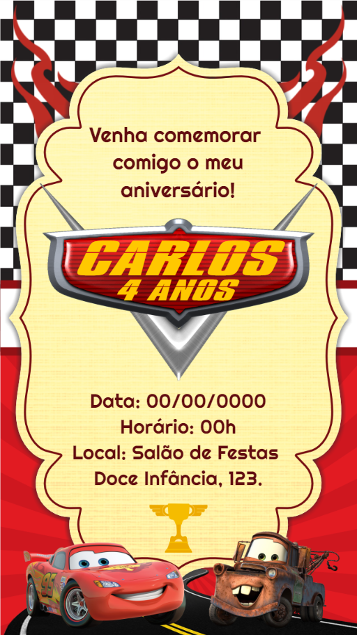 Convite de Aniversário Carros Disney para Editar Online Convite de Aniversário Carros Disney para Editar Online