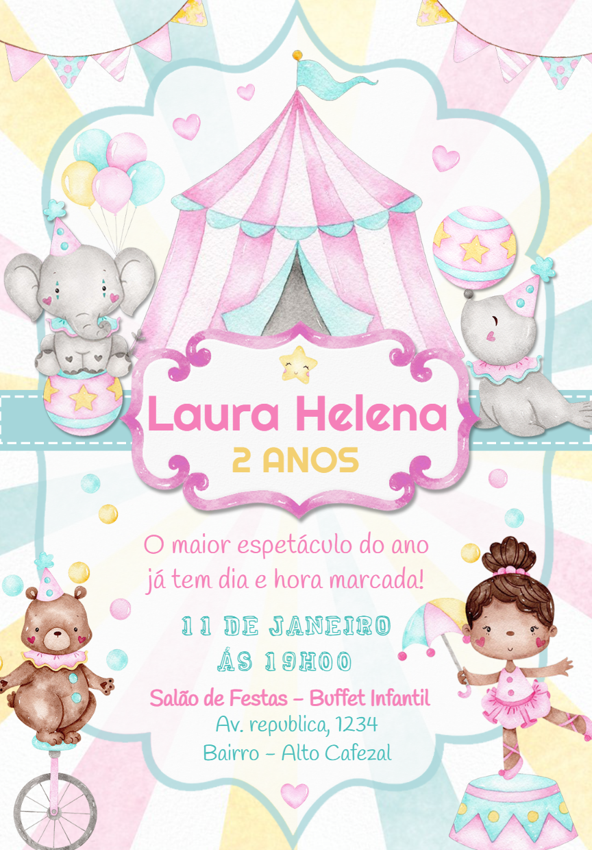 Convite Aniversário Circo Rosa Aquarela para Editar Online Convite Aniversário Circo Rosa Aquarela para Editar Online