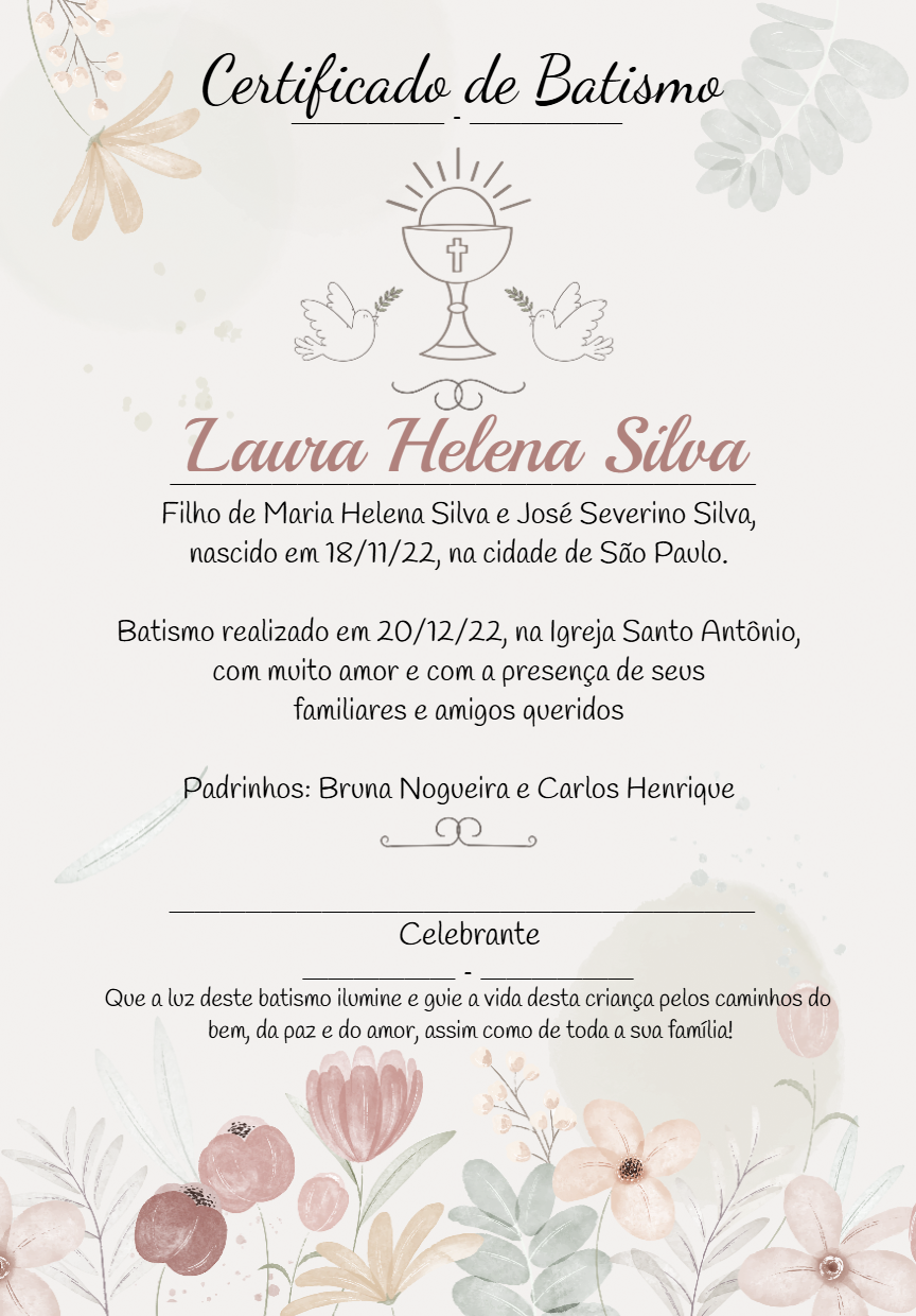 Certificado de Batismo Floral Delicado para Editar Online Certificado de Batismo Floral Delicado para Editar Online