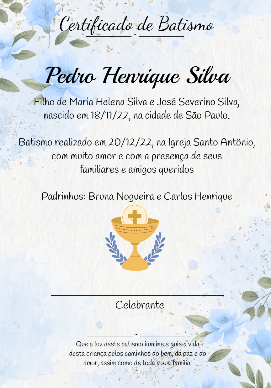 Certificado de Batismo com Flores Azuis para Editar Online Certificado de Batismo com Flores Azuis para Editar Online