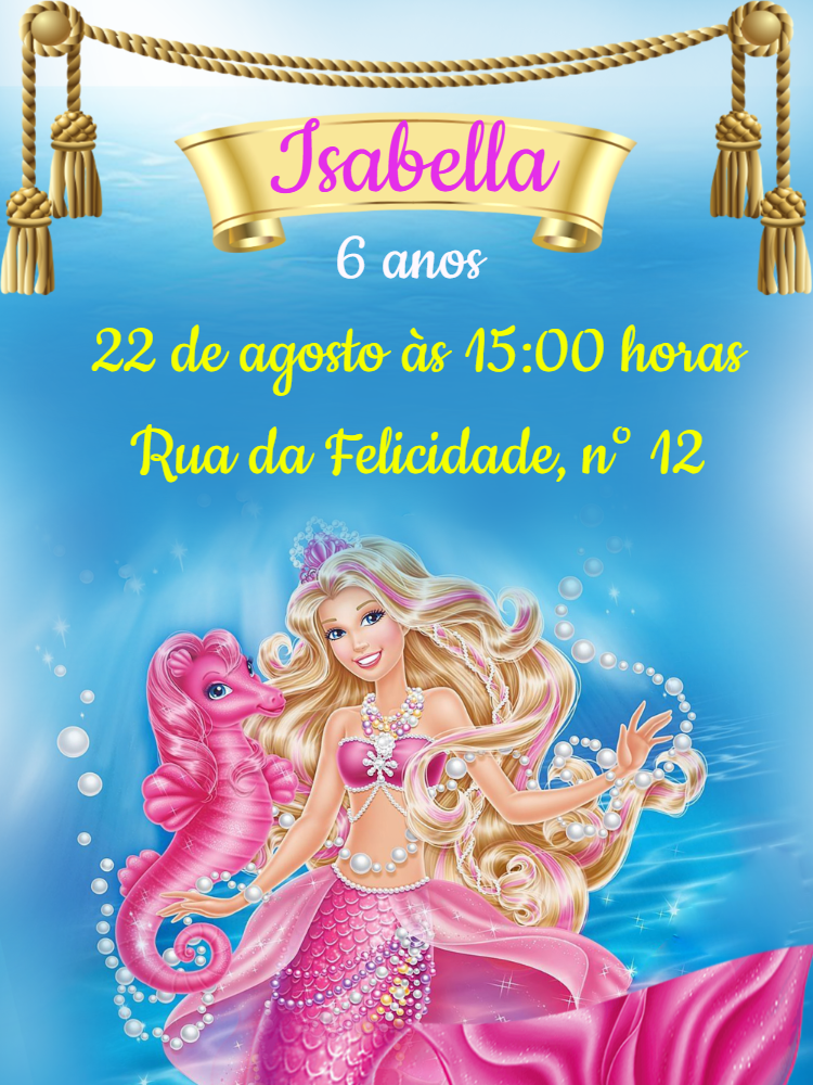 Convite Aniversário Barbie Sereia Editável Online Convite Aniversário Barbie Sereia Editável Online