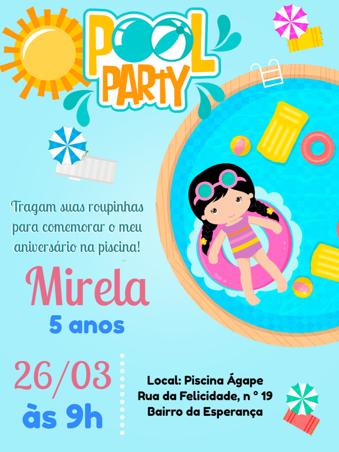 Convite de Aniversário Pool Party na Piscina para Editar Convite de Aniversário Pool Party na Piscina para Editar