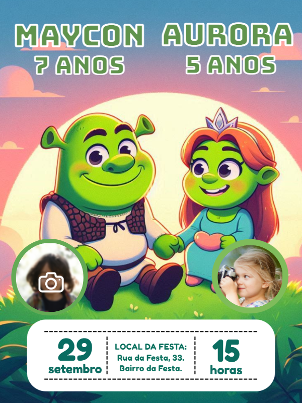 Convite Aniversário Duplo Shrek e Fiona para Editar Online Convite Aniversário Duplo Shrek e Fiona para Editar Online