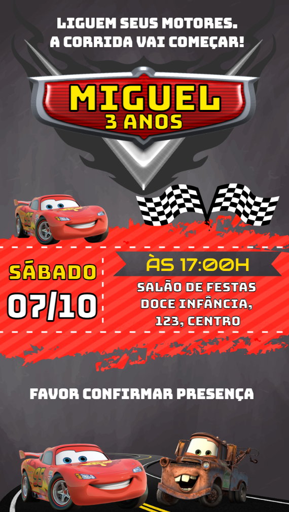Convite de Aniversário Carros com Relâmpago McQueen para Editar Convite de Aniversário Carros com Relâmpago McQueen para Editar