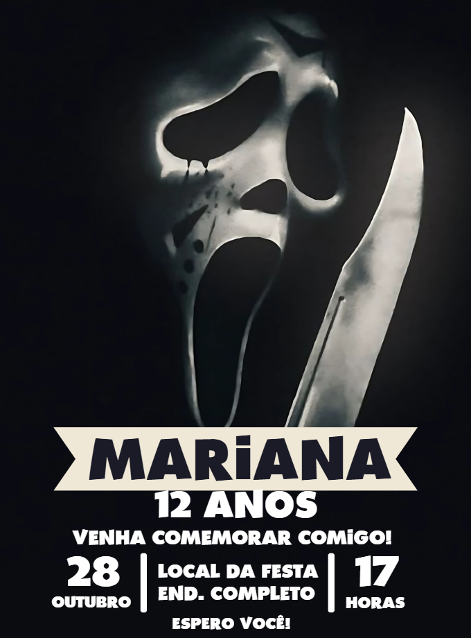 Convite de Aniversário Ghostface Terror para Editar Online Convite de Aniversário Ghostface Terror para Editar Online