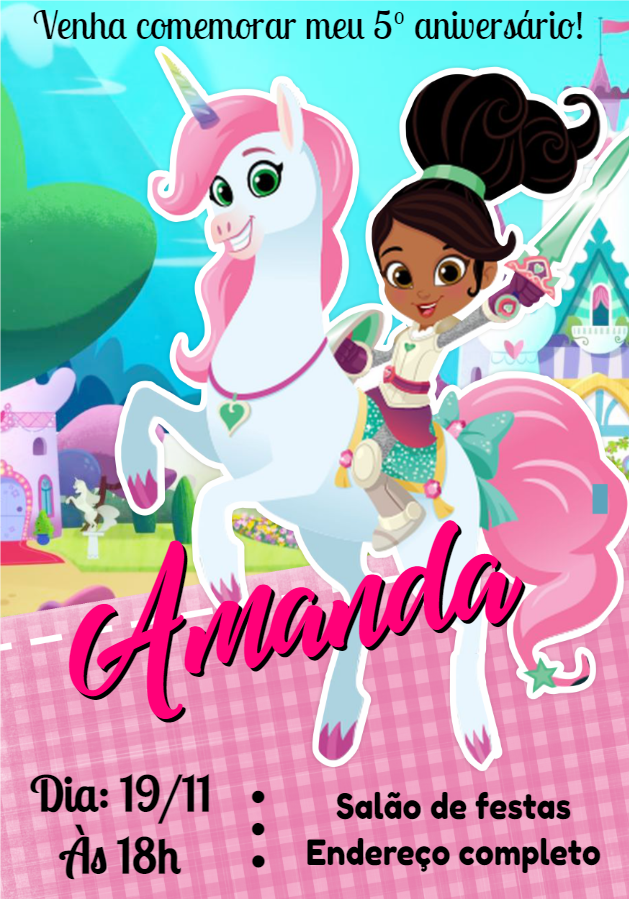 Convite Aniversário Princesa Nella e Unicórnio para Editar Convite Aniversário Princesa Nella e Unicórnio para Editar