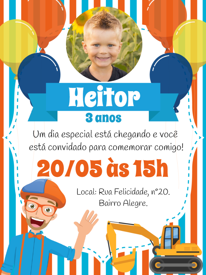 Convite Aniversário Blippi com Foto para Editar Online Convite Aniversário Blippi com Foto para Editar Online