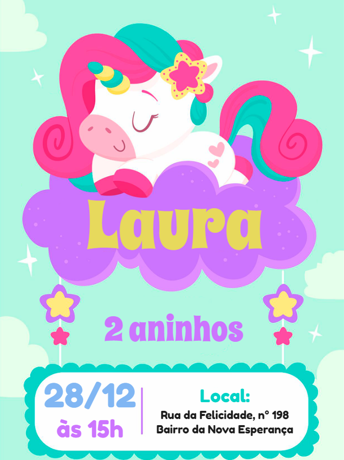 Convite de Aniversário Unicórnio Fofo para Editar Online Convite de Aniversário Unicórnio Fofo para Editar Online