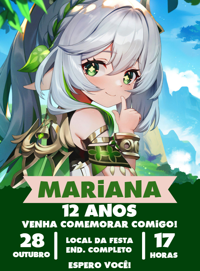 Convite Aniversário Nahida Genshin Impact para Editar Online Convite Aniversário Nahida Genshin Impact para Editar Online