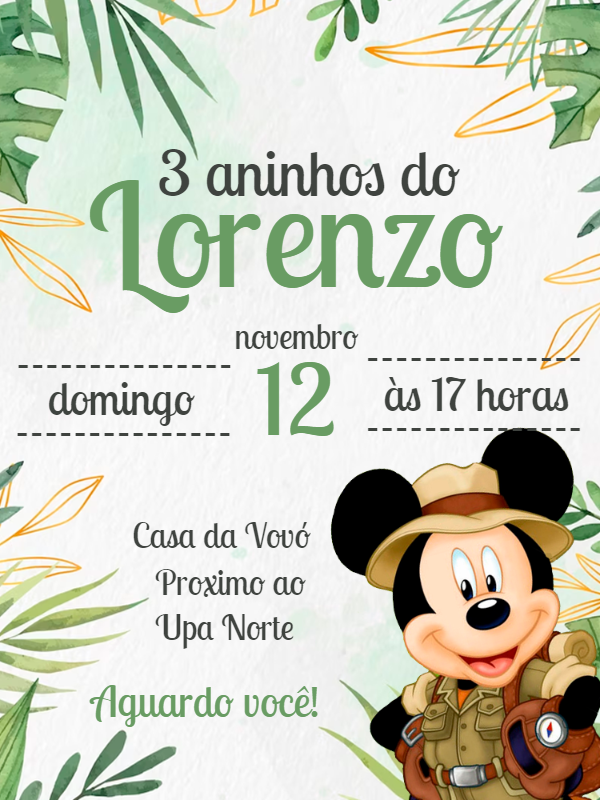 Convite Mickey Safari: Edite Online seu Convite de Aniversário Convite Mickey Safari: Edite Online seu Convite de Aniversário