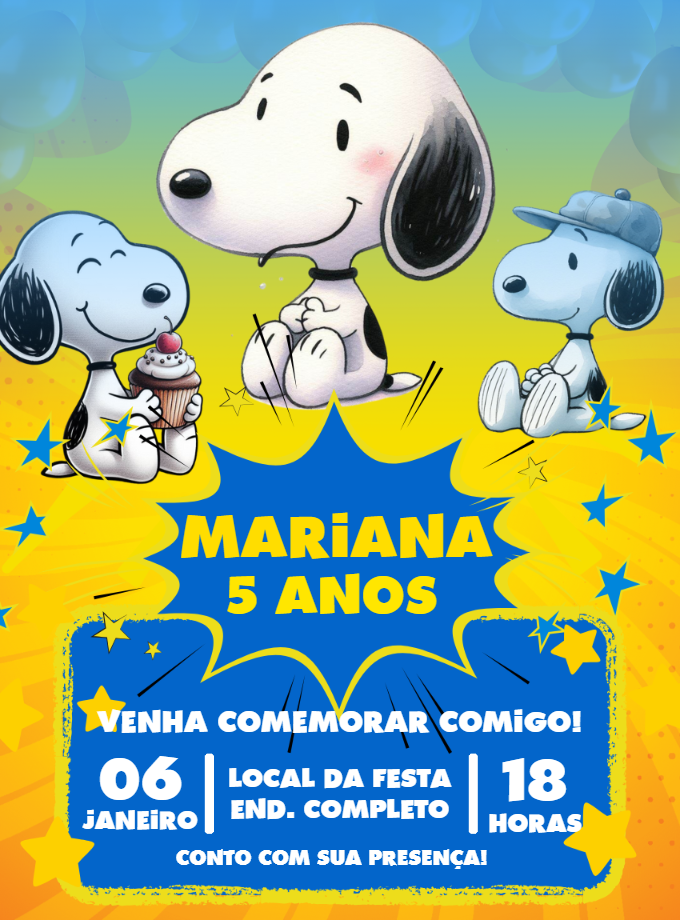 Convite de Aniversário Snoopy e sua Turma para Editar Online Convite de Aniversário Snoopy e sua Turma para Editar Online