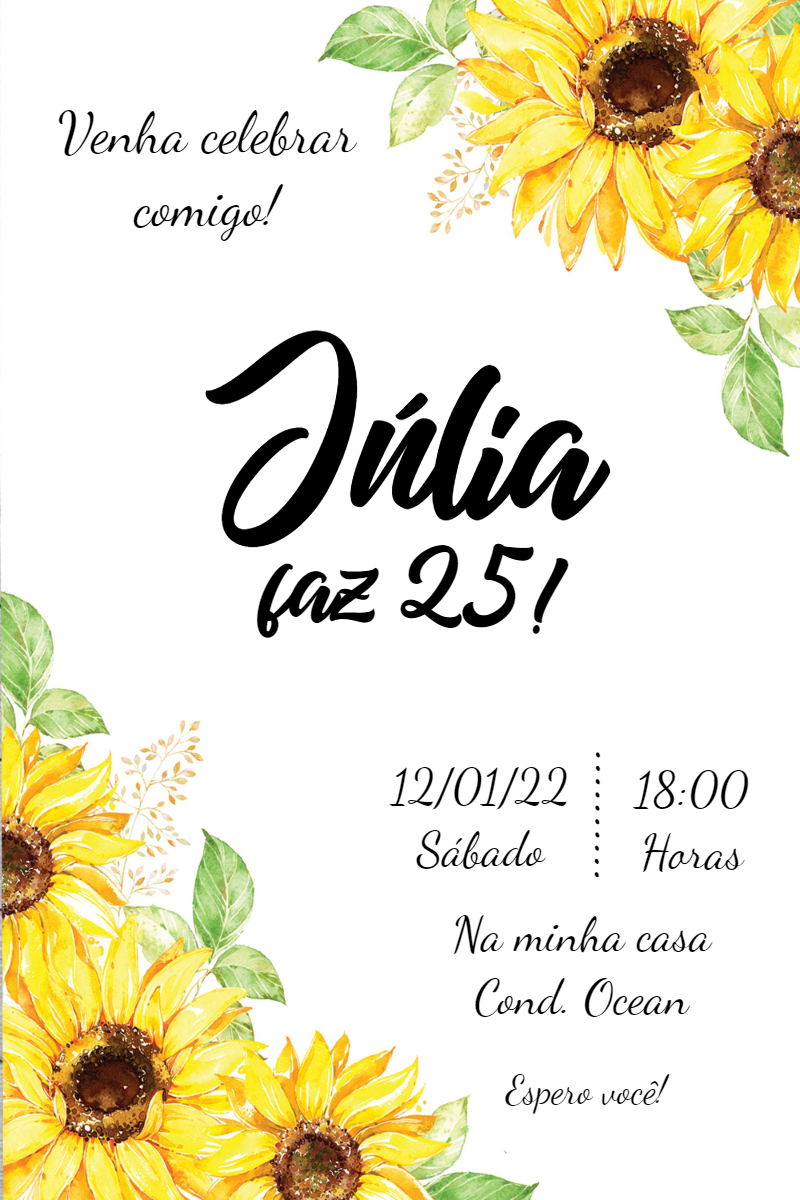 Convite de Aniversário Girassol para Editar Online