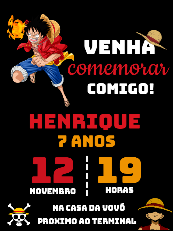 Convite de Aniversário One Piece com Luffy para Editar Online Convite de Aniversário One Piece com Luffy para Editar Online