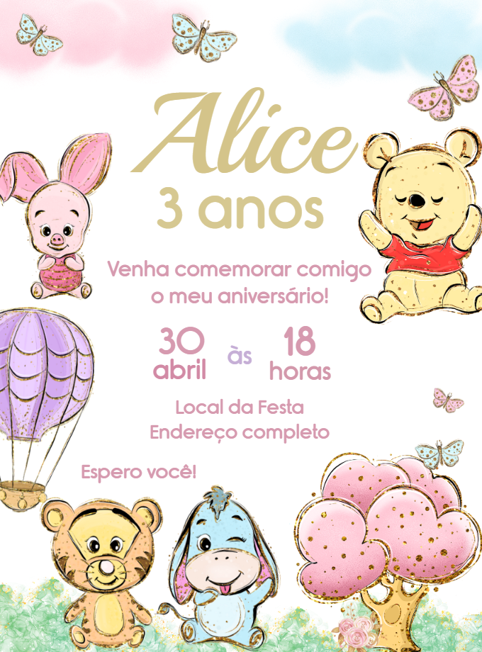 Convite de Aniversário Ursinho Pooh Aquarela para Editar Convite de Aniversário Ursinho Pooh Aquarela para Editar