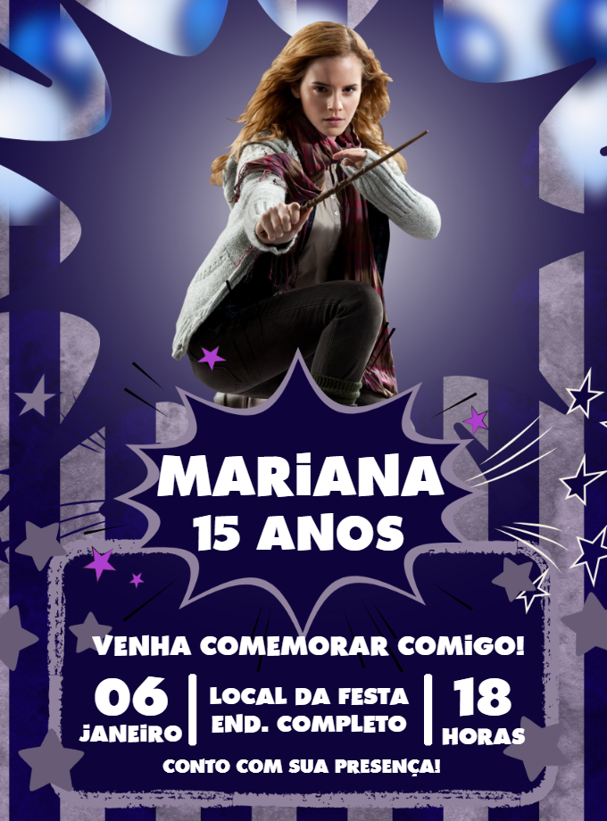 Convite Aniversário Hermione Harry Potter para Editar Online Convite Aniversário Hermione Harry Potter para Editar Online