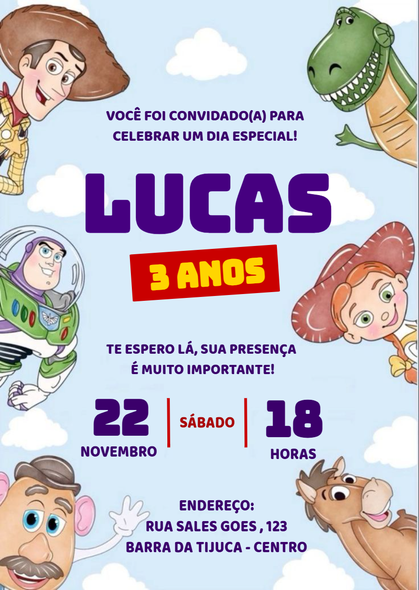 Convite Aniversário Toy Story Aquarela para Editar Online Convite Aniversário Toy Story Aquarela para Editar Online