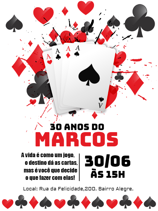 Convite de Aniversário Cassino e Baralho para Editar Online