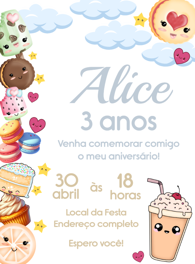Convite Aniversário Guloseimas e Doces Fofos para Editar Convite Aniversário Guloseimas e Doces Fofos para Editar