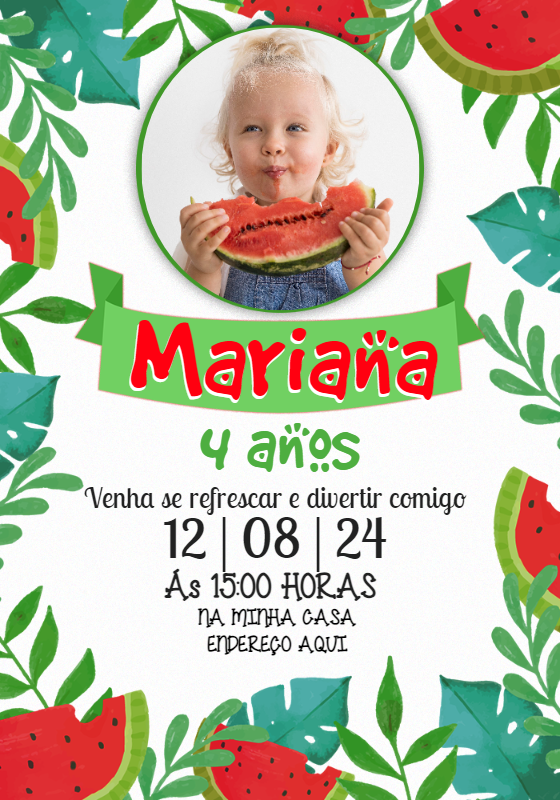 Convite Aniversário Melancia com Foto para Editar Online Convite Aniversário Melancia com Foto para Editar Online
