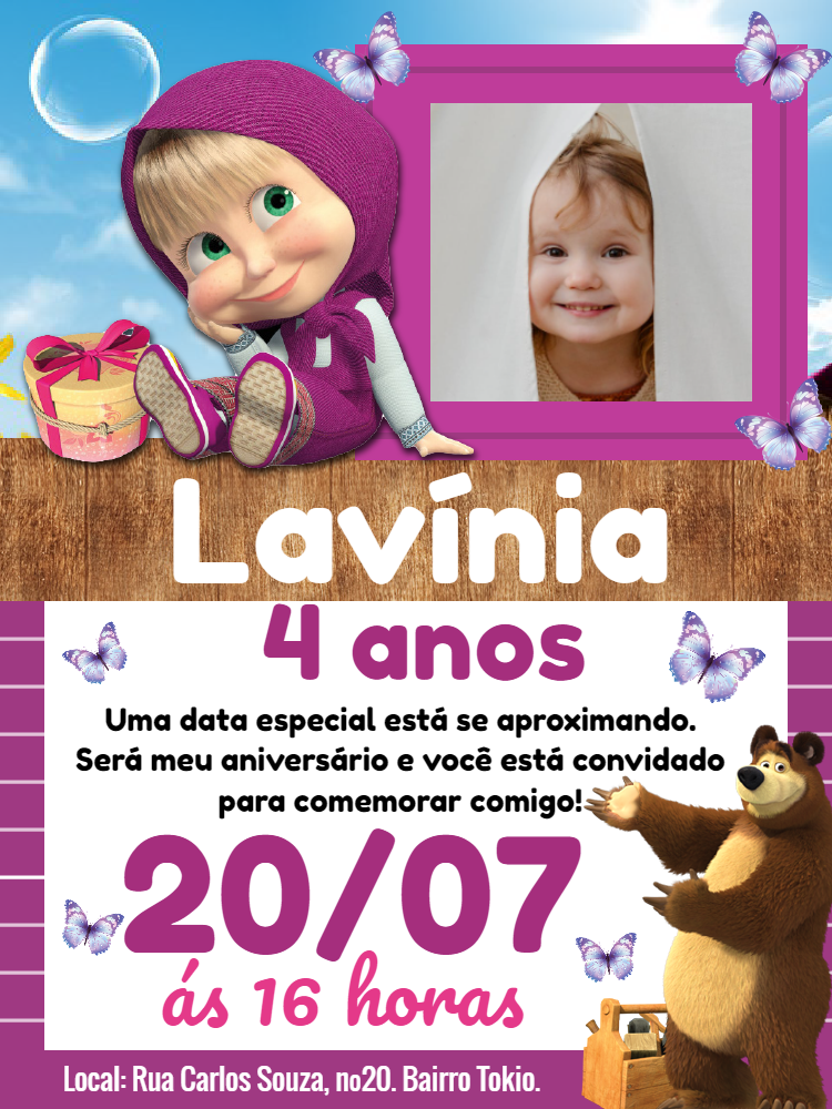 Convite Aniversário Masha e o Urso com Foto Editável Online Convite Aniversário Masha e o Urso com Foto Editável Online
