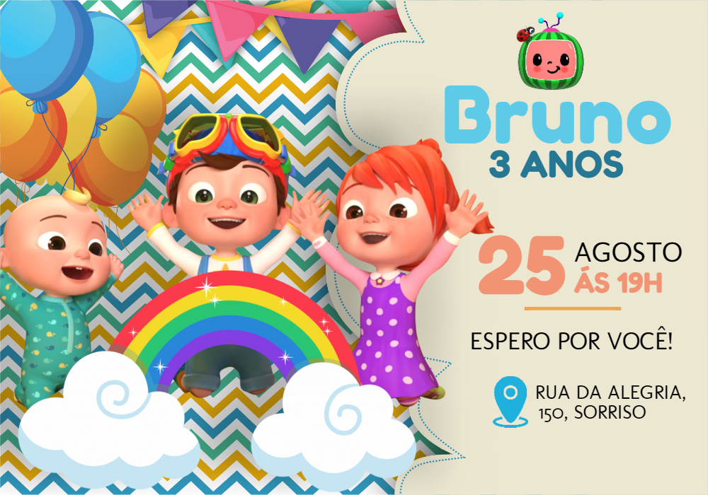 Convite de Aniversário Cocomelon com Personagens para Editar Convite de Aniversário Cocomelon com Personagens para Editar