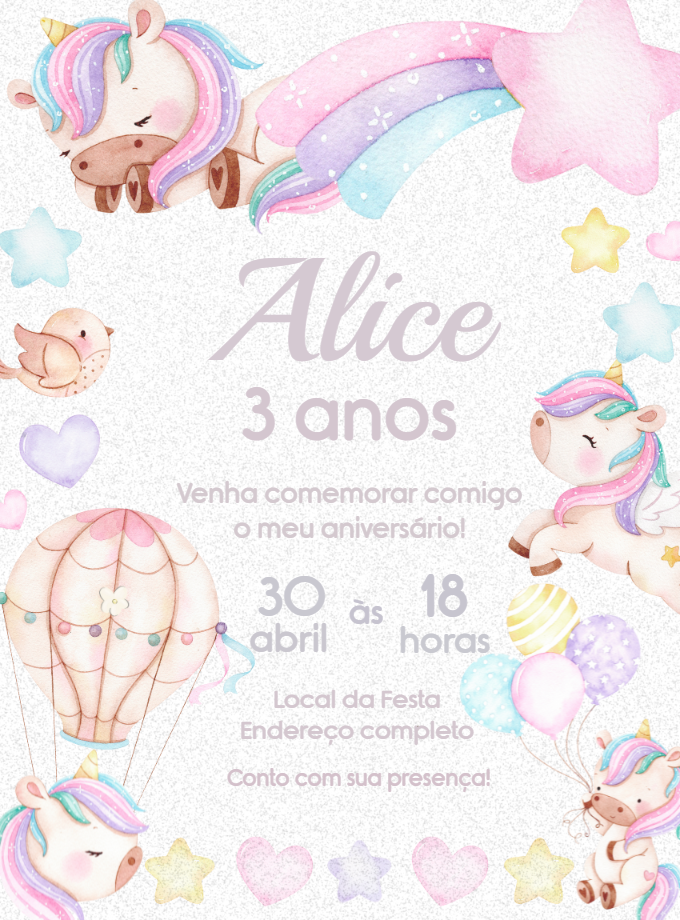 Convite Aniversário Unicórnio Fofo com Balões para Editar Convite Aniversário Unicórnio Fofo com Balões para Editar