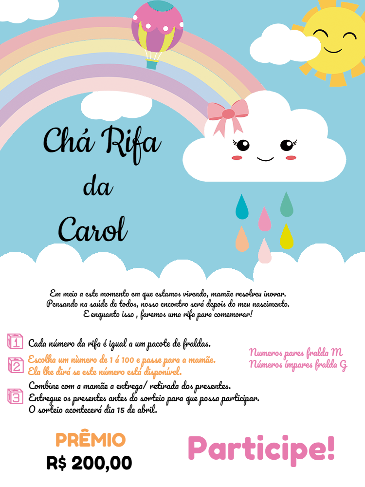 Convite Chá Rifa Chuva de Bençãos com Nuvem para Editar Online Convite Chá Rifa Chuva de Bençãos com Nuvem para Editar Online